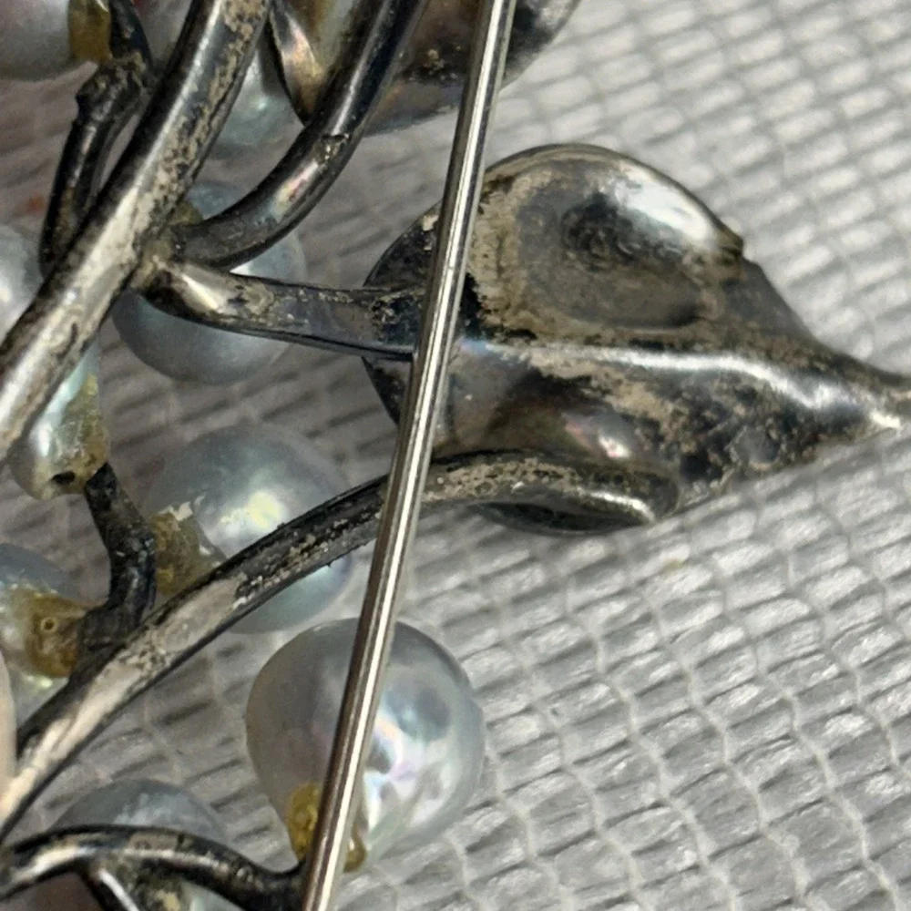 Vintage Ming's Sterling Silver Blue Pearl Brooch Featuring Delicate Leaf Design